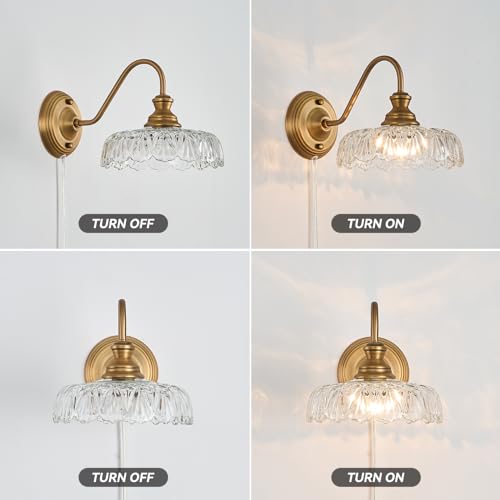 Image of HDDFL Vintage Plug in Wall Scone Bedside Wall Lamp Plug Corded Matte Brass Bedroom Light Fixtures in Door Lighting Fixture for Living Room Hallway Corridor