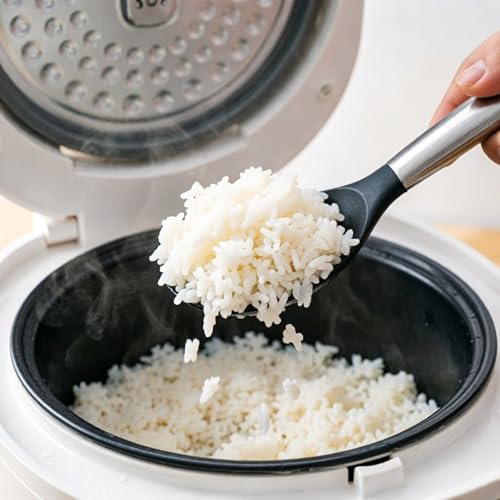 Silicone Rice Spoon, Non-Stick Ergonomic Heat Resistant Rice Paddle with Stainless Steel Handle,Lightweight Smooth Round EdgeRice Serving Silicone Spoon with Hanging Hole for Rice Cooker Home Kitche - image 5