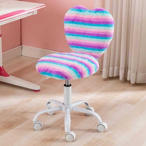 Image of Kmax Kids Reading Chair, Rolling Cute Desk Chair for Girls Swivel Office Chair with Wheels & Heart Back Adjustable Childrens Vanity Chair for Bedroom Reading Room - Faux Fur, Rainbow