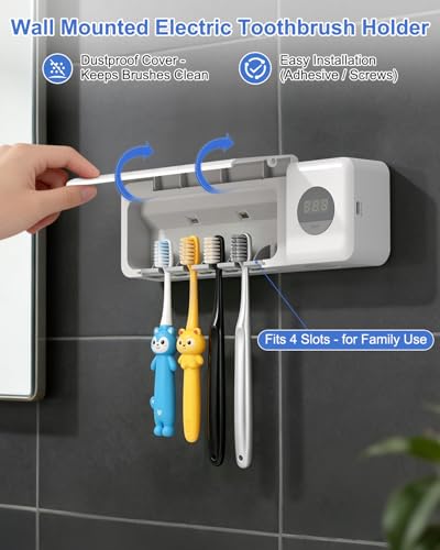 Image of UV Toothbrush Holder, Electric Toothbrush Holder Wall Mounted for 4 Slots, Smart Toothbrush Holder with Timer and Cover, Cordless Organizer for Bathroom, Toothbrush & Razor -White