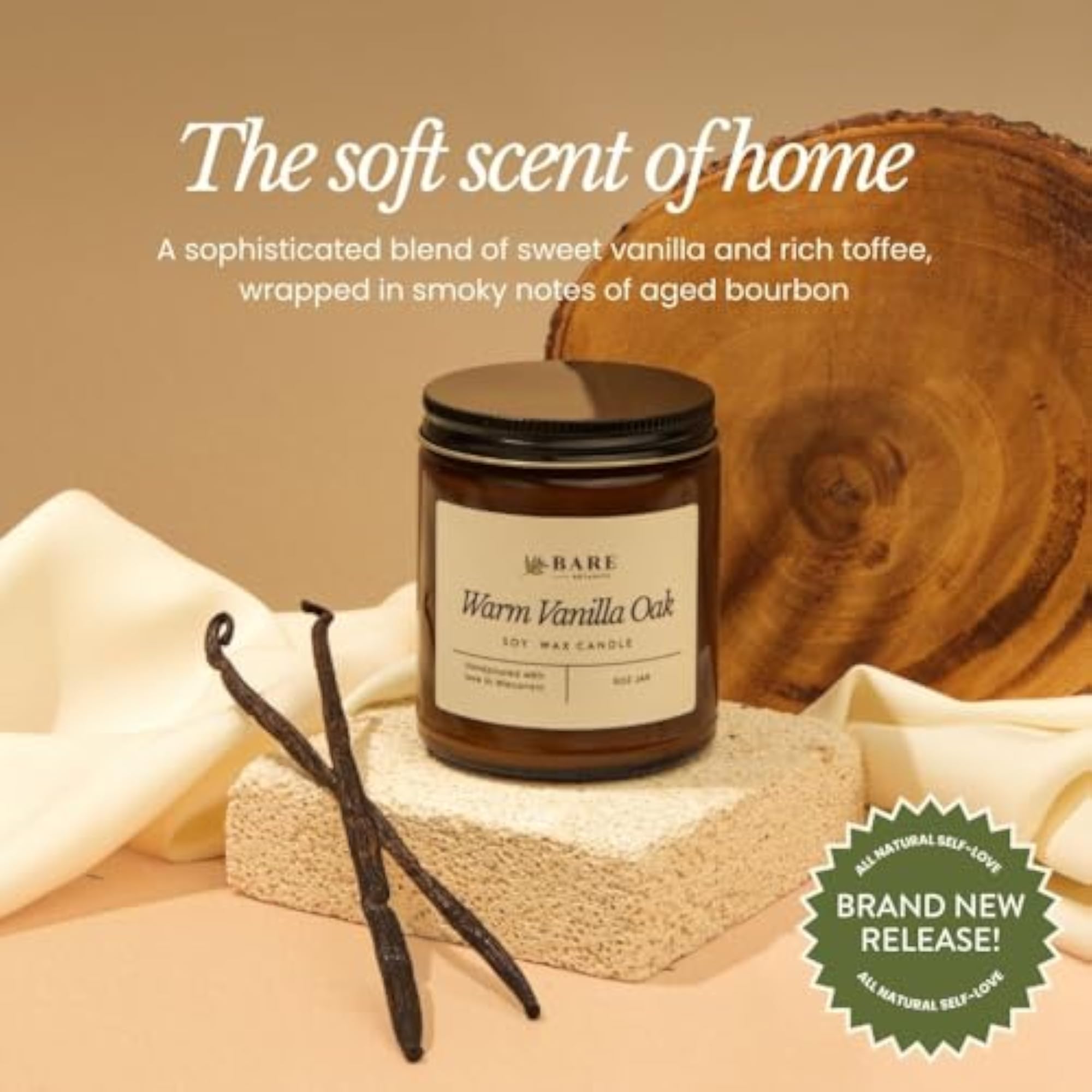 Warm Vanilla Oak Scented Soy Candle, Natural Fragrance