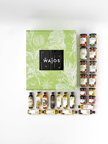 Wajos Adventskalender 2025: Veganer Feinkost- & Gewürz-Adventskalender für Genießer mit Essig- und Ölspezialitäten, Saucen, Senfen und Produkten aus der Gewürz- und Kräuterwelt