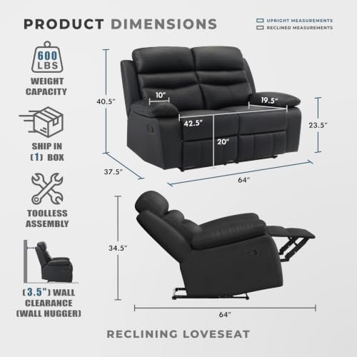 Image of Lexicon Leather Match Manual Recliner Loveseat, Wall Hugger Recliner, Black
