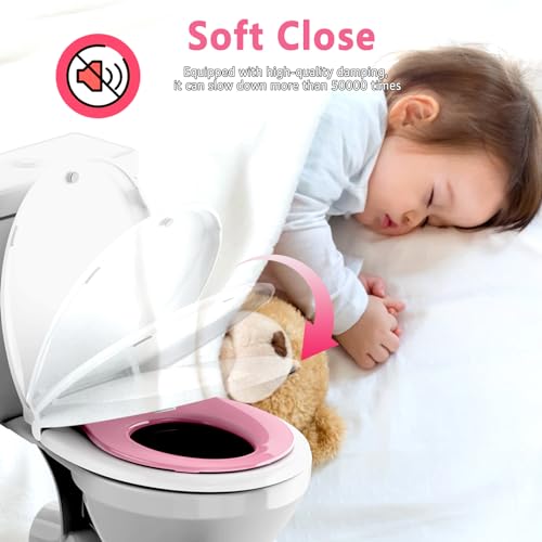 Image of Aunsffer Toddler Toilet Seat with Potty Training Seat Round 16.5inch, 2 in 1 Toilet Seat for Family Built-in Baby Seat Removable, Soft Close + Easy Clean, PP Safe Material, Pink