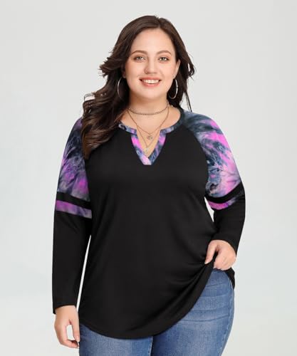 Image of CARCOS Plus Size Tops for Women Long Sleeve Fall Tunic Color Block Camo /Plaid /Leopard /Fall Blouse Crewneck Tshirt XL-5XL