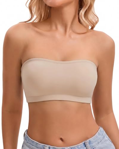 Image of Strapless Bra for Women Bandeau Bra Wireless Seamless Padded Tube Top Non-Slip Bandeau Top with Hook and Eye Closure