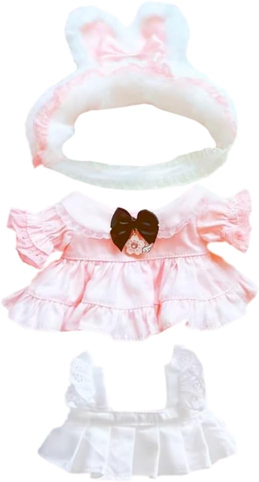 niannyyhouse 8in Doll Clothes Headdress Dress Apron Bunny Servant Outfit 20cm Plush Doll Accessories Dress Up (Pink)