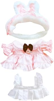 niannyyhouse 8in Doll Clothes Headdress Dress Apron Bunny Servant Outfit 20cm Plush Doll Accessories Dress Up Pink