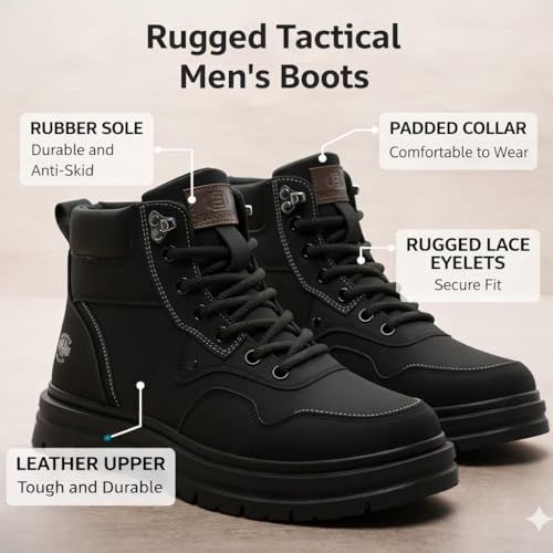 Image of Men's Tactical Combat Boots | Black High Ankle Lace-Up Boots | Durable Outdoor Trekking Shoes
