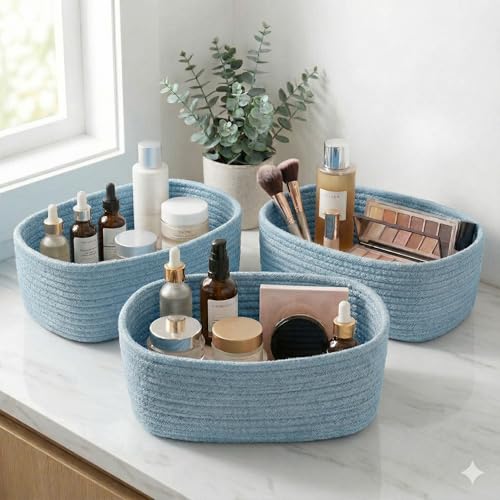 Image of 100% Natural Jute small box mini rope paper storage Round hamper baby nursery tray bucket for Living Kitchen, Office, Drawing Room,fruits, kitchen, office, Set of 3 (aqua 3 set)