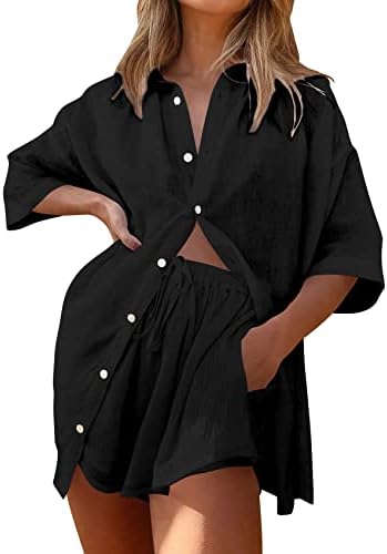 Gafeng Womens Linen Set 2 Pieces V Neck Short Sleeve Button Down Shirt Blouses & Shorts Summer Loose Fit Outfits