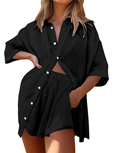 Gafeng Womens Linen Set 2 Pieces V Neck Short Sleeve Button Down Shirt Blouses & Shorts Summer Loose Fit Outfits #TOP22