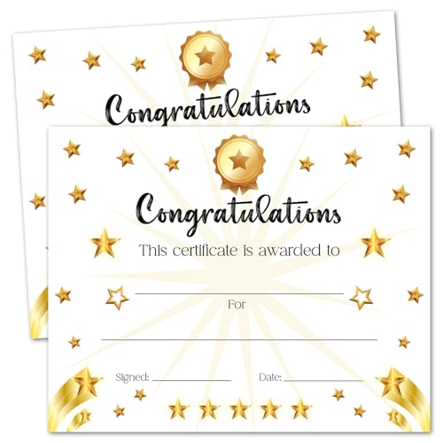 25 Gold Star Certificate of Achievement, Certificate of Achievement Recognition for Kindergarten Preschool Graduation, 8 x 10" Award Certificates Paper for Teachers Students -001