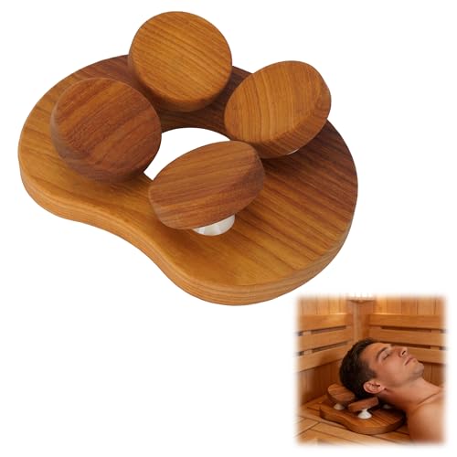 lukar Wooden Sauna Headrest, 4 Concave Surfaces Sauna Pillow, 4-Point Sauna Headrest with Rotatable Disc, Wooden Pillow for Stiff Neck, Shoulder Pain, Head Health and Relaxation, Round