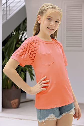 Image of Girls Summer Short Sleeve Shirts Lace Casual Cute Crew Neck Solid Color Blouses Tops Sizes 6-15 Years