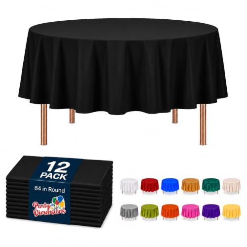 Image of Party Dimensions Black Disposable Plastic Tablecloth, Round, 84 inch, 12 Pack