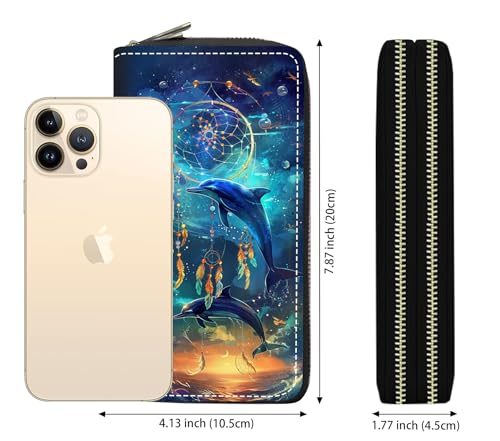 Women's Large Capacity Wallet PU Leather Double Zipper Clutch Purse Multifunctional Wallet with Removable Wristlet Strap for Smart Phone/Coin/Card/Cash, Dream Catcher Dolphin2