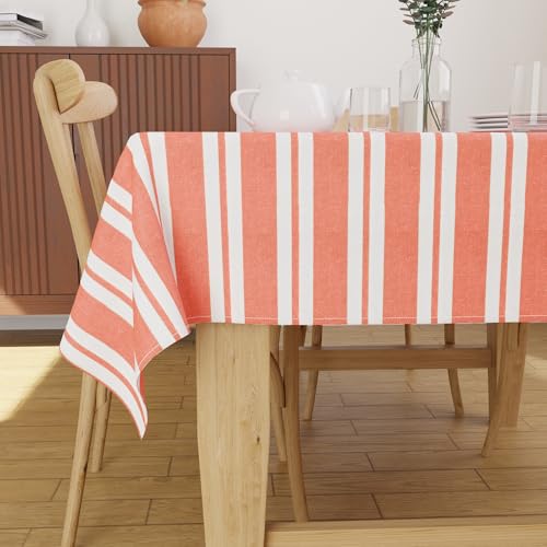 Image of Encasa XO Cotton Square Table Cloth for 4 Seater | (142x142 cm) | Franca Orange Stripes | Dining Tablecloth for Decoration