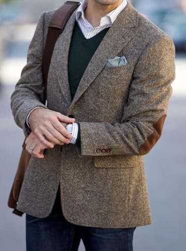 VENNYNG Mens Suit Jacket Single Breasted Vintage Short Trench Coat Blazer with Brown Elbow Patches3