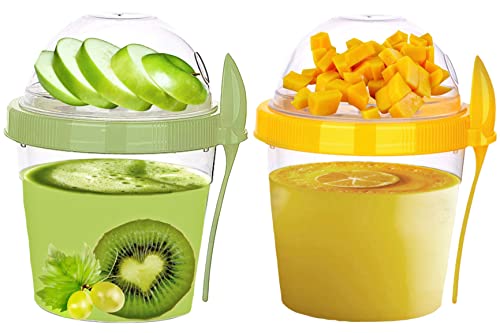 VL Joghurt becher & Löffel 500 ml wiederverwend Frühstückstöpfe Müslibecher mit Deckel und Spülmaschinenfeste Haferflockengläser Reisen Mahlzeit Lebensmittelbehälter (Setz von 2 (Grün, Gelb)) Cover