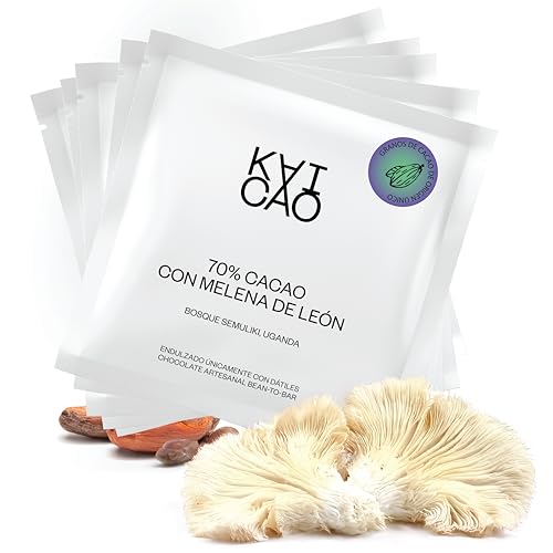 Kaicao Chocolate Negro Funcional 70% con Melena de León - Dósis semanal - Endulzados con Dátiles – sin Azúcar Refinada, Sin Lactosa, sin Gluten, Vegano – Cacao de Origen Uganda - 5 x 30gr