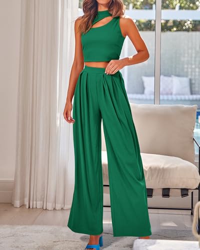 Image of BTFBM Women 2 Piece Outfits Spring Summer Tracksuits Mock Neck Sleeveless Cutout Crop Top Wide Leg Long Pants Sweatsuits