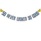 50 Never Looked So Good Banner, Pre-Strung, No Assembly Required, Blue Paper Glitter Party Decorations for 50th Birthday Party Supplies, Letters Blue,ABCpartyland