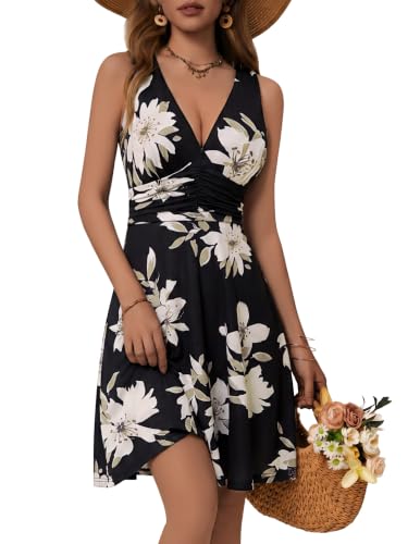 Image of OURIN Women's Spring Deep V Neck Sleeveless Floral Sundresses with Pockets Flowy Summer Dresses for Women