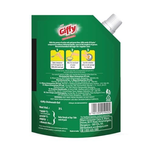 Image of Giffy Concentrated Liquid Dishwash with Green Lime & Active Salt 2L | 50% More Effective|Power of Turbo Boosters (Pack of 2)