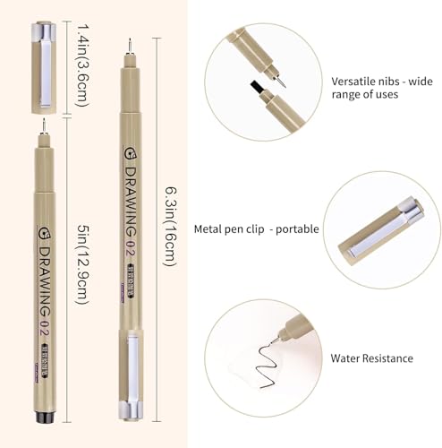 Image of Premium Fineliner Pens Set of 6 Unique tip sizes: 0.20mm, 0.25mm, 0.35mm, 0.5mm, 0.6mm,1 soft tips pen (BRF) Waterproof Black Pigment Ink Pens for Illustration, calligraphy,Technical Drawing Pens