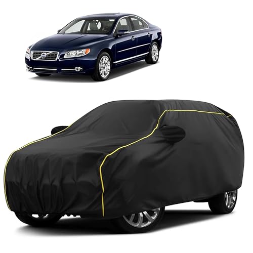Image of Sulfar 100% Water Resistant Car Body Cover Compatible with Mirror for Volvo S80 (Triple Stitched, Full Bottom Elastic, Black Taffeta with Yellow Piping)