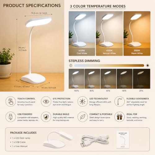 Image of One94Store SlimGlow Design Rechargeable LED Table Lamp | Adjustable Desk & Study Light | USB Powered Reading Lamp with Stable Base (White)
