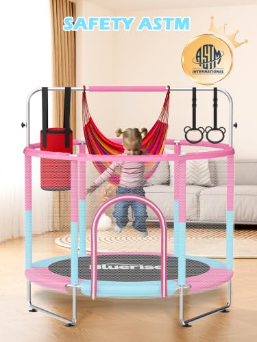 Image of BLUERISE 55IN 6FT Indoor /Outdoor Toddler Trampoline for Kids | Galvanized Steel Pipe,Multiple Activity Accessories,110lb,Safety Enclosure,Basketball Hoop,No-Gap Design,Anti-Rollover Bottom