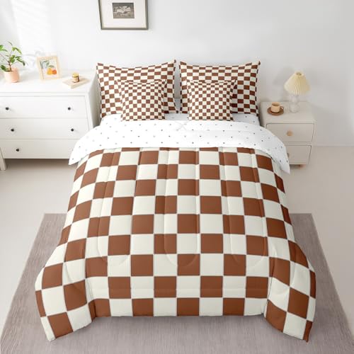 Image of Erosebridal Plaid Full Comforter Set 7 Piece Beige Caramel Brown Checkerboard Bed in A Bag with Sheets Geometric Checkered Bedding Set for Kids Boys Girls,Aesthetic Grid Bed Set