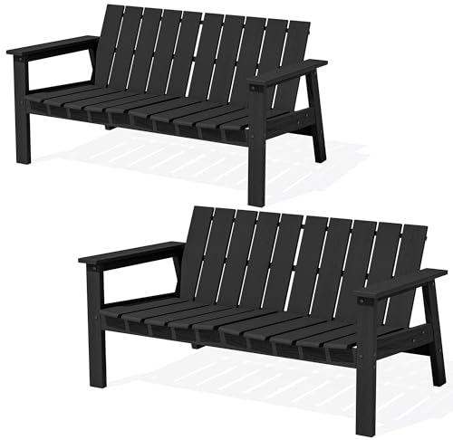 Image of SERWALL 2-Person HDPE All-Weather Outdoor Bench Set of 2, Black