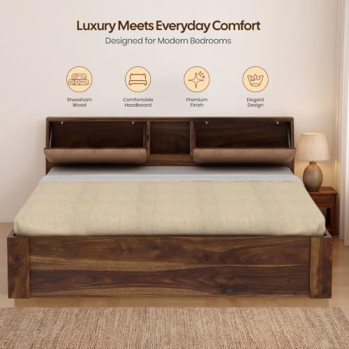 Image of Ganpati Arts Sheesham Wood Mayor Queen Size Bed with Box Storage & Headboard | Wooden Double Bed Cot Palang for Bedroom, Home, Hotel & Guest Room | 1 Year Warranty (Teak Finish)