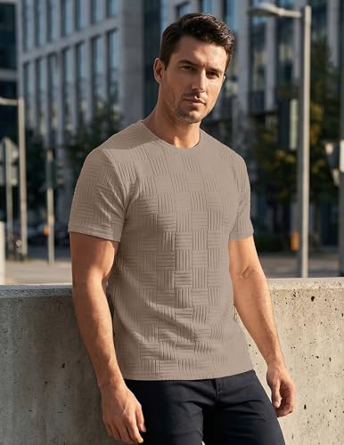 Image of JMIERR Mens T-Shirt Casual Stretch Solid Crewneck Short Sleeve Tees Textured Shirts