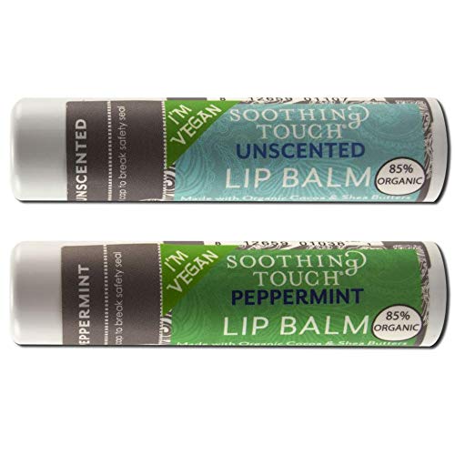 Soothing Touch Vegan Lip Balm - Variety Pack of 2 - Unscented and Peppermint