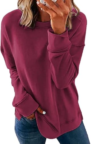 NEYOUQE womens pullover crewneck sweatshirt Wine red work for women dressy casual fashion 2025 spring fall trendy sweat jackets ladies outfits basic workout blouses L