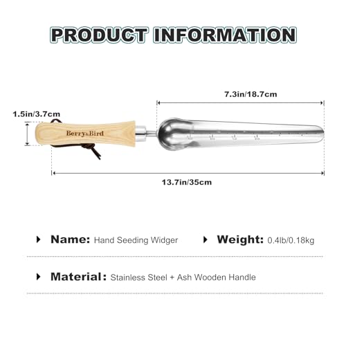 Image of Berry&Bird Seeding Widger,Stainless Steel Seed Dibber Tool with Measuring Scale,Wooden Handle Garden Bulb Trowel for Seed Planting Tool Hand Shovel Planter Transplanter Dibber Soil Digginng
