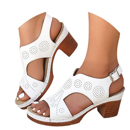 Uwdiohq Sandalias De Verano Para Mujer, Estilo, Informales, Con Cabeza Pez, Tacón Grueso, Flores Talladas Huecas, Y Hebilla Mujer Montaña (White, 43) Zapatos Barefoot Tacones Alpargatas Señora