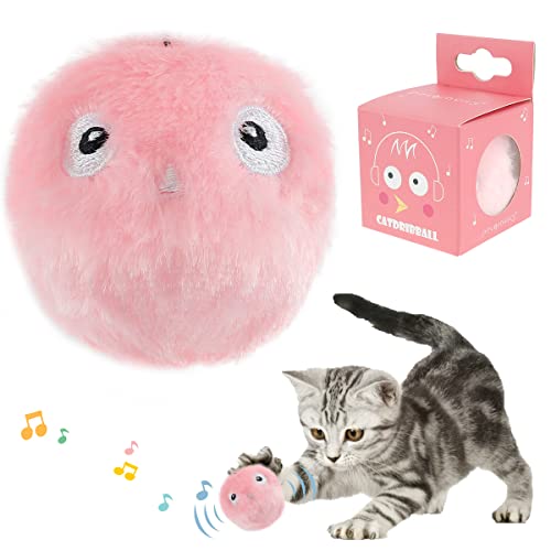 Jouet pour Chat interactif, avec Les cris des Oiseaux, Grenouilles et grillons, Balles pour Chats en Peluche chasser(Rose (Bruit des Oiseaux))