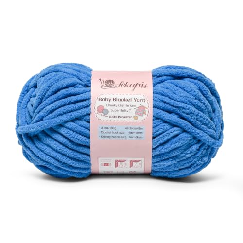 Image of 3.5 oz /49.2 yds Chunky Chenille Yarn for Crocheting, #7 Super Bulky Baby Blanket Yarn for Crocheting Soft, Fluffy Velvet Yarn for Knitting, Amigurumi Crochet Yarn for Crafts (Azure)