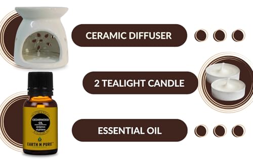 Image of Earth N Pure Ceramic Aroma White Diffuser Burner with 10Ml Cedarwood Essential Oil Blend & 2 Pcs Candles Strong & Long-Lasting Fragrance | Perfect for Gift Set