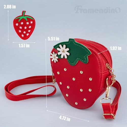 Framendino, Strawberry Shape Leather Purse Small Red Strawberries Cross Body Bag with 10 Patches Fruit Shoulder Bags for Women2