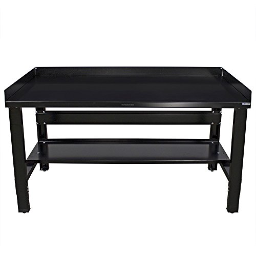 Borroughs Adjustable Height Heavy Duty Workbench With Bottom Shelf, Back And End Guards, Commercial Grade, 12-Gauge Black Painted Steel Top, 28 In. X 48 In. #TOP6