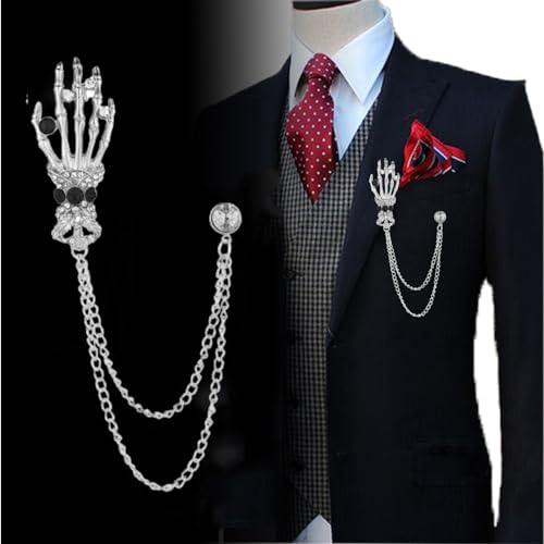 Image of Gothic Halloween Skull Hand Brooch Pin for Women Men Punk Vintage Crystal Skeleton Tassel Chain Lapel Pins Dark Skull Brooches Sweater Suit Accessory