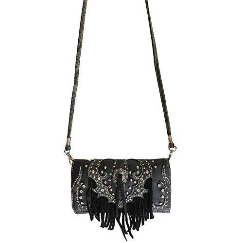 Zelris Western Concho Fringe Lace Two Toned Women Crossbody Wrist Trifold Wallet (Black)3