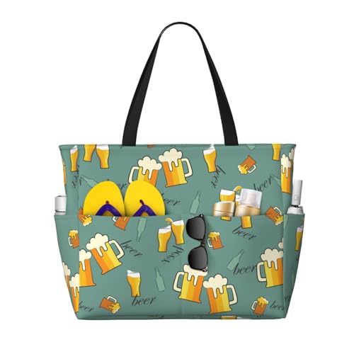 Beer Mug 2 Print Large Beach Tote Bag for Women Extra Large Capacity Sandproof Waterproof Pool Bag Suitable for Swimming Pool Gym Groceries Travel