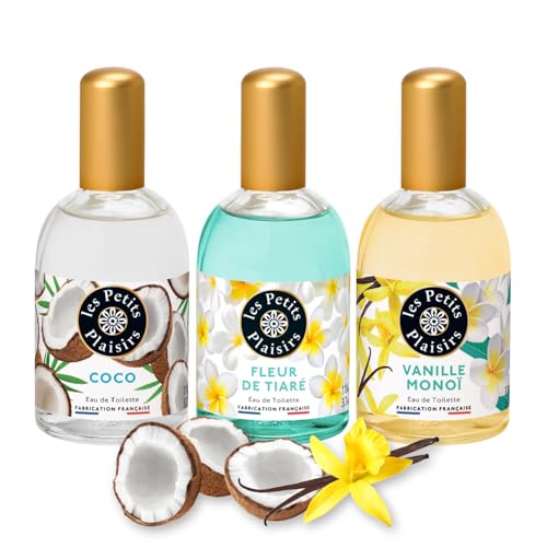 Les Petits Plaisirs - Lot de 3 - Eau de toilette Vanille Monoï, Coco & Fleur de tiaré. Eau de toilette femme, Solaires et exotiques. Made in France. 110ml